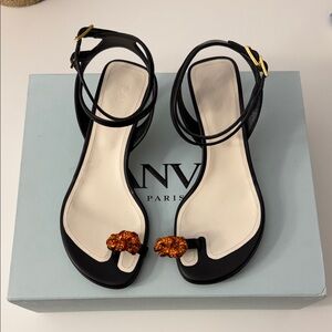 Lanvin Black Leather Ankle-Strap Sandals with Amber Toe Embellishments